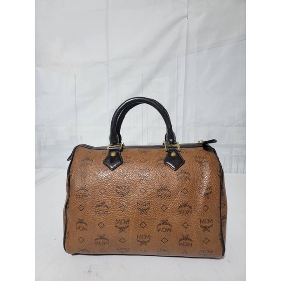 Authentic MCM Visetos Dog Bone Boston Bag Brown - Picture 4 of 12